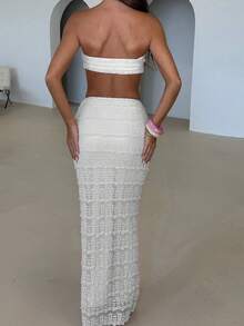 Women Summer Outfits Cute Shells Crop Bandeau Tops And Elastic Tie Front Skirt Set For Streetwear Aesthetic Clothes - 白色 - 查看 7