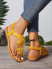 Plus Size Women's Elegant Sandals, Yellow Floral Decor, Fairy Tale Style For Summer, Open Toe Design, Fabric Upper And Lining, Non-Slip Outsole, Microfiber Insole,Flip Flops - Yellow - View 7