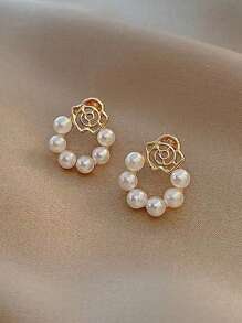 1 套简约花卉仿珍珠红色滴油几何方形奢华优雅设计耳环套装，适合女性日常和节日佩戴 - 套裝M款 - 查看 7