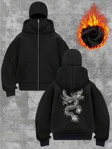 女士秋季返校双连帽开衫卫衣，时尚街中国龙印花双连帽开衫，黑色 - 黑色 - 查看 1