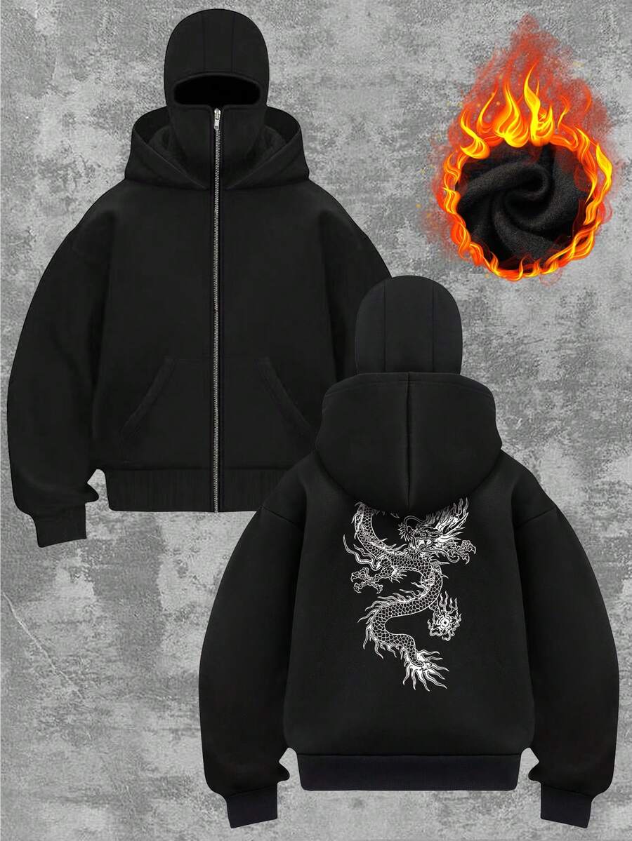 女士秋季返校双连帽开衫卫衣，时尚街中国龙印花双连帽开衫，黑色 - 黑色 - 查看 1