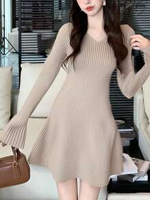 Alicedudu Women's Elegant Flare Sleeve Slim Fit Knit Dress, Autumn/Winter - Apricot - View 5