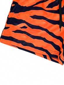 Plus Size Men's Summer Contrast Color Sport Quick Dry Shorts, Striped Printed Drawstring Casual Beach Pants For Tall Big & Tall, Hawaiian - Orange - View 5