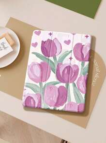 Light Purple Oil Painting Tulip Print IPad Case Compatible With IPad (A16) 11th Generation 11 Inch 2025, Apple IPad Air 11(2025), For IPad 10th Generation Case 10.9 Inch 2022 With Pencil Holder, Trifold Stand Protective Cover, Auto Wake/Sleep, Cute Gift For Back-To-School, Valentine's Day, Holidays