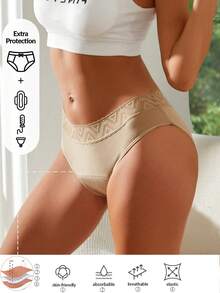 1pc Women's Lace Patchwork Thick Absorbent Physiological Panties, Low Waist Triangle Underwear