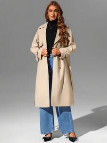 Casaco trench coat longo e simples feminino Risissida para primavera e outono, com cinto e bolsos, adequado para qualquer ocasião. - Bege - Ver 6