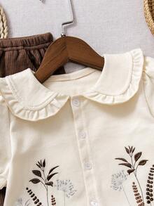 2pcs Girls Floral Embroidery Shirt And Straight Leg Pants Set, Pastoral Style Casual Outfit For Little Girls - Brown - View 3