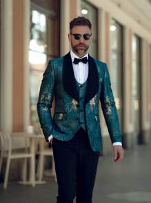 Men's  Gradient Graffiti 3-Piece Suit Set - Blazer, Vest & Stretch Waist Black Pants Edgy & Stylish