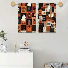Un set de 2 toallas con temas de Halloween con patrones impresos de fantasmas y gatos negros, decorados con cuadrículas, lavables a máquina, resistentes al calor, absorbentes y reutilizables. Es un regalo ideal para la decoración de la habitación, toallas de cocina y baño, decoración de fiestas y decoración del hogar.