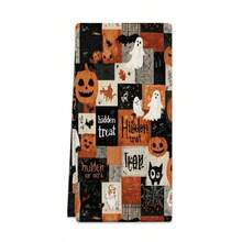 Un set de 2 toallas con temas de Halloween con patrones impresos de fantasmas y gatos negros, decorados con cuadrículas, lavables a máquina, resistentes al calor, absorbentes y reutilizables. Es un regalo ideal para la decoración de la habitación, toallas de cocina y baño, decoración de fiestas y decoración del hogar.