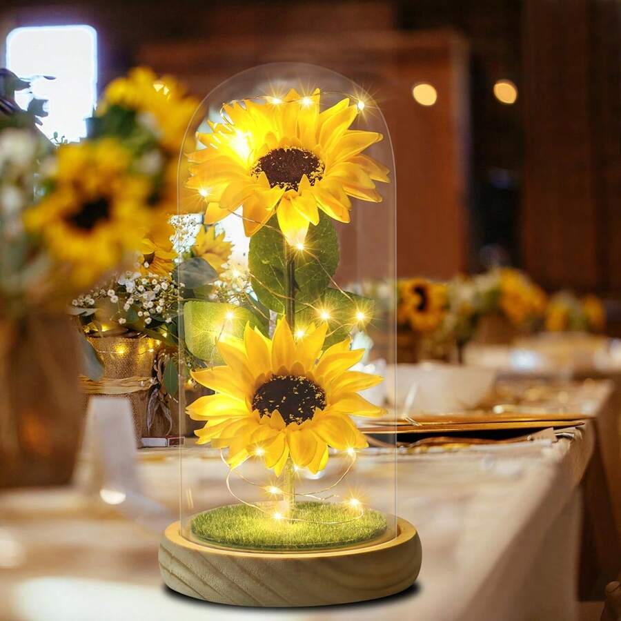 1pc Yellow Eternal Sunflower Glass Shade Lamp, Simulated Sunflower, Artificial Decorations, Home Decorative Ornaments