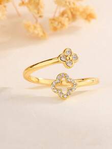 1pc 925 Sterling Silver 14K Gold Plated Minimalist Hollow Four-Leaf Clover Midi Ring, Small Size Suitable For Pinky Finger, Double Clover Cubic Zirconia Design, Silver Jewelry Gift For Birthday, Valentine's Day