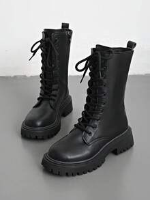 Giày bốt Punk mũi tròn buộc dây cao đến giữa bắp chân thời trang đa năng thoải mái cho nữ - màu đen - Xem 3