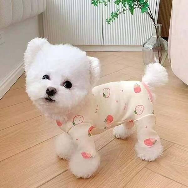 1pc Happy Cat & Dog Jumpsuit, Cute Strawberry Print Elastic Pet Clothes For Indoor & Outdoor Wear, Suitable For Poodle, Bichon Frise, Teddy, Yorkshire Terrier, Maltese