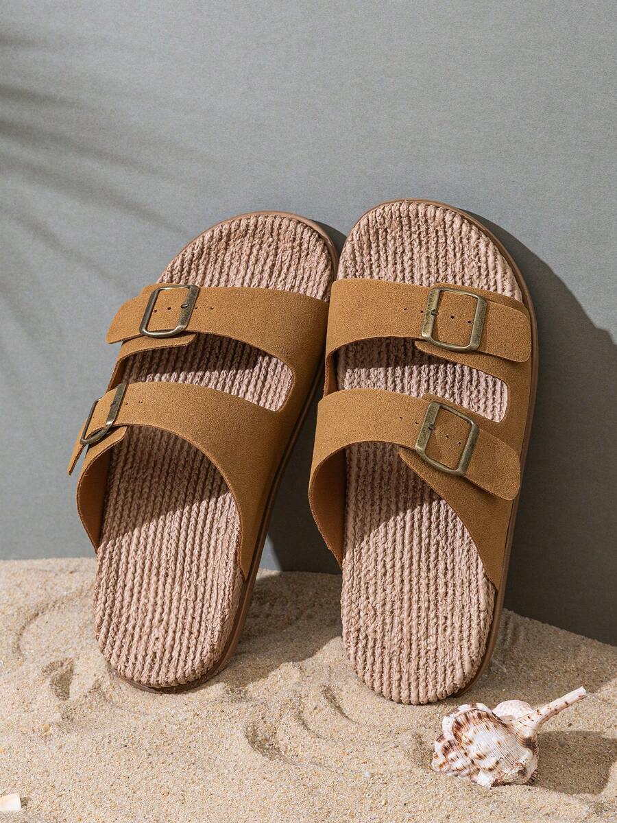 DISARCON 新款夏季男士凉鞋，高端/时尚/百搭/商务/大码男鞋，金属双扣设计，可调节经典复古拖鞋，适合户外休闲度假，防滑/透气/耐用/沙滩拖鞋，室内外浴室家居拖鞋，四季皆宜