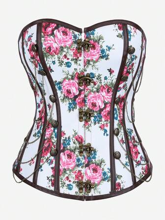 Steampunk Corset With Ditsy Floral & Chain Decor, Gothic Style Underbust Corset Bodice For Women, Outerwear For Stage Performance, Masquerade, Halloween'