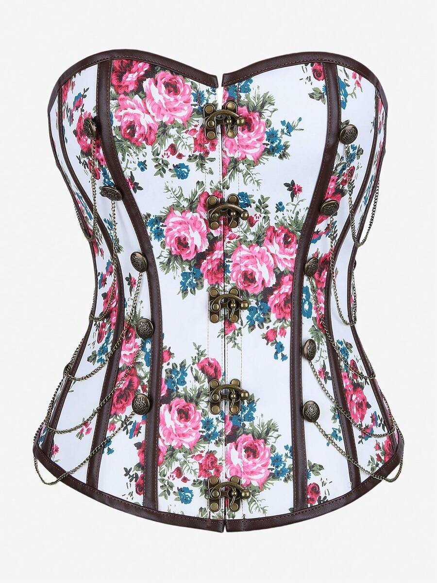 Steampunk Corset With Ditsy Floral & Chain Decor, Gothic Style Underbust Corset Bodice For Women, Outerwear For Stage Performance, Masquerade, Halloween'