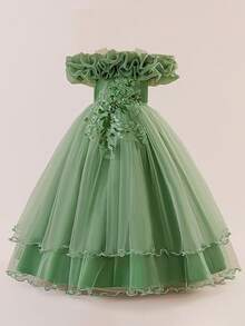 Tween Girls Sequin & Faux Pearl Applique Tulle Puff Party Princess Dress, Suitable For Birthday Celebration, Prom, Faux Pearl Decor, No Headband Included - màu xanh lá - Xem 4