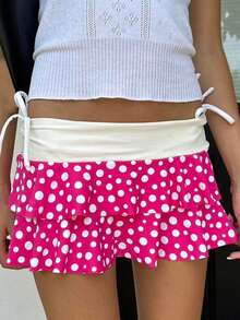 Layered Ruffle Mini Skirt For Women Summer Dots/Stripe/Heart Print/Solid Color High Waist Short Skirts - 中紫紅色 - 查看 3