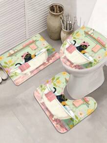 1/4pcs Vintage Cat Shower Curtain, Black Cat With Glasses & Pink Turban, Bathtub Reading Design, Retro Floral Polyester Bathroom Decor, 70.8x70.8 Inches With 12 Hooks, Washable And Line Dry