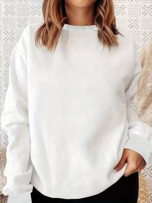 海龟印花保暖抓绒内里宽松圆领棉质卫衣，女士款，休闲/学院风，适合家庭聚会、春假、春夏、情人节、狂欢节、派对、海滩、婚礼、健身房等场合。 - 白色 - 查看 2