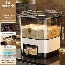 1pc Rice Dispenser With Cup, Large Capacity, Moisture-Proof And Sealed Rice Storage Container, Suitable For Rice, Grains, Flour, Kitchen Supplies, Pet Cat And Dog Food Storage Container, Ideal For Kitchen, Home Use