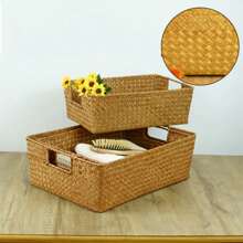 LuanQI Handmade Seaweed Basket Rectangle Wicker Basket Sundries Storage Box Household Kitchen Bathroom Organization Supplies