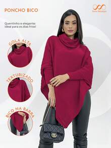 Swisz Women's Winter Poncho Knit Long Sleeve V-Neck Sweater With Scarf - Hot Pink - View 4