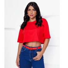 Women's Basic Cropped T-Shirt In Plain Cotton Knit - 紅色 - 查看 2