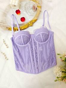 Sujetador sin costuras con tirantes finos de moda, top corto de encaje ceñido y sin tirantes sexy - Morado - Ver 7
