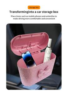 Car-Mounted Cute Bow Diamond-Studded Trash Can, Portable Press-Type Car Trash Can, Sparkling Diamond Trash Can, Car Decorative Trash Can