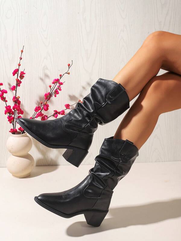 Botas de media pantorrilla de estilo occidental de unicolor de piel sintética para mujer, versátiles para fiestas, exteriores, oficina, primavera y otoño
