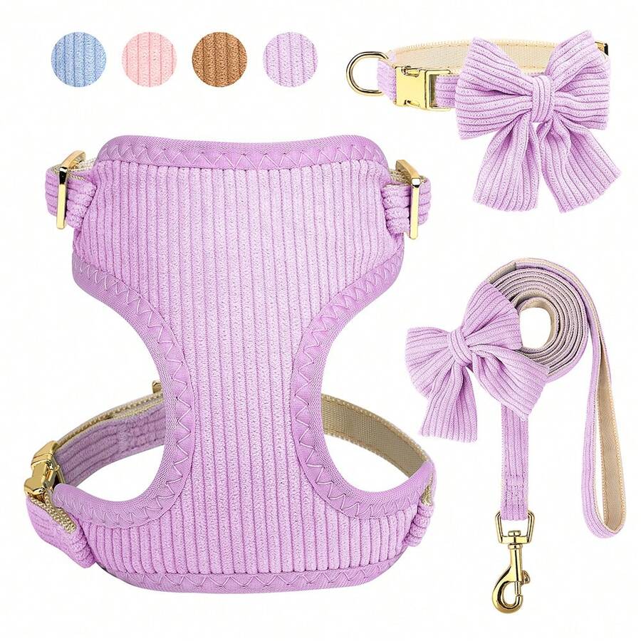 1 Set Velvet Bow Dog Collar & Leash Harness Set - Mauve Purple - View 1