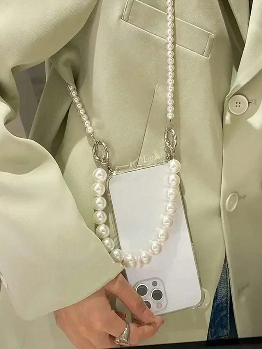 Fashion Faux Pearl Bracelet & Velvet Strap Phone Case Compatible With IPhone 16, 15, 14, 13, 12, 11 Pro Max Plus - Transparent Shockproof Back Cover - Fashionable Gift For Women & Girls - Birthday, Holiday Gift, Compatible With Samsung A54/A55/A53/S24/S24FE/S24Plus/S24Ultra/S25/S25Plus/S25Ultra, Compatible With Xiaomi/17 Series - Clear - View 1