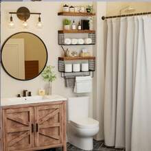 3 piezas Estantería de baño montada en la pared - Organizador de inodoro, Estantería de almacenamiento de papel higiénico de estilo rústico de varios niveles, Estantería de baño resistente al agua con estantes flotantes