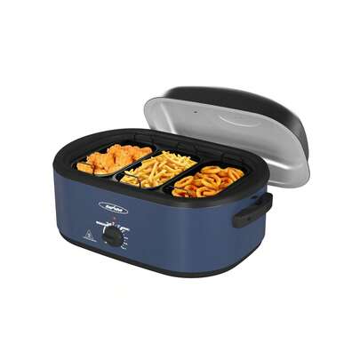 20QT Roaster Oven, Electric Roaster With 3 Compartments, Turkey Roaster Oven With Self-Basting Lid, Removable Pan & Rack, Defrost & Warm Function, Fit Turkey Up To 24LB, Stainless Steel, Blue