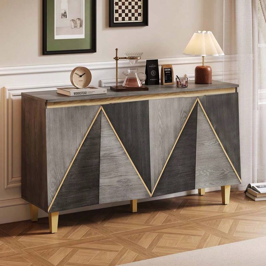 MERAX 60" Retro Buffet Cabinet With Storage, 4-Door Vintage Sideboard Cabinet With Dimensional Effect Doors And Adjustable Shelves For Dining Room, Kitchen, And Living Room (Light And Dark Gray) - 灰色的 - 查看 1