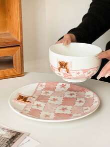 Cute Checkered Bear Covered Ceramic Dinnerware Set, Pink Girly Breakfast Bowl & Plate - Multicolor - View 2