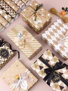 7pcs Gift Wrapping Paper Set, Brown Kraft Paper, Suitable For Birthday, Graduation And Various Occasions, Unisex - Multicolor - View 3