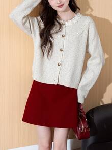 Alicedudu Damen Pullover Cardigan mit Blumen Verzierung am Rundhalsausschnitt, Herbst/Winter