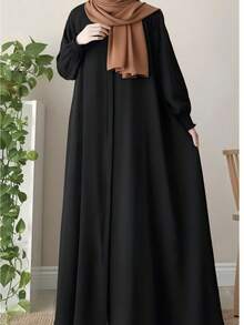Robe longo elegante de cor sólida, estilo turco Dubai, estilo do Oriente Médio, para mulheres, com zíper, manga longa e evasê, abaya