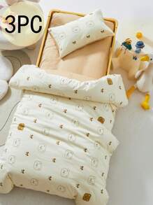3pcs Baby Bedding Set, Includes 1pc Duvet Cover 110*150cm, 1pc Mattress Cover, 1pc Pillowcase, Bowknot Bear Pattern, Suitable For Baby Girls And Boys, No Inner Filler - Beige - View 1