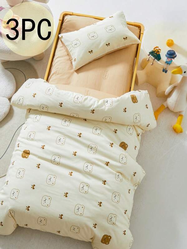 Set de 3 piezas de ropa de cama para bebé, incluye 1 funda de edredón de 110*150cm, 1 funda de colchón, 1 funda de almohada, con estampado de oso con lazo, adecuado para niñas y niños bebés, sin relleno interior