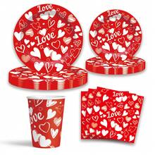 1 Set Red Heart Themed Disposable Party Supplies, Suitable For Valentine's Day, Thanksgiving, Mother's Day, Weddings - Includes Disposable Paper Plates, Paper Cups, And Napkins - Multicolor - View 1