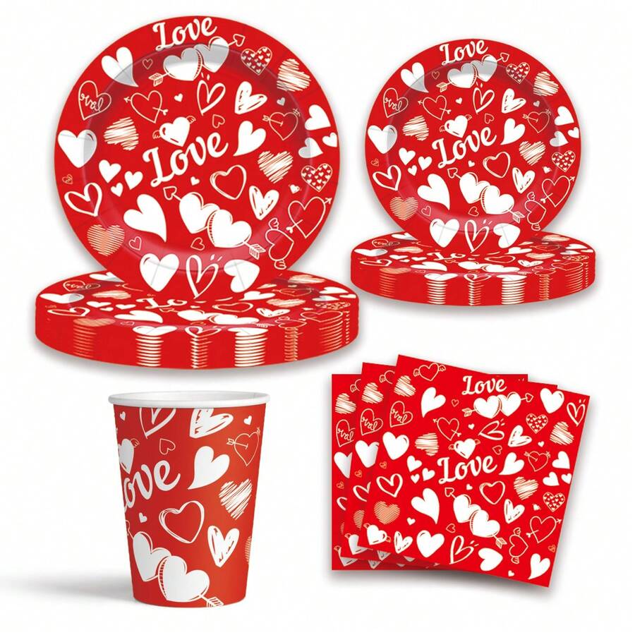 1 Set Red Heart Themed Disposable Party Supplies, Suitable For Valentine's Day, Thanksgiving, Mother's Day, Weddings - Includes Disposable Paper Plates, Paper Cups, And Napkins - Multicolor - View 1