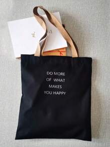 1 件黑色字母印花女士手提包，敞口帆布单肩包，适合学生、大学、高中的简单手提包，可容纳笔记本、文件、旅行