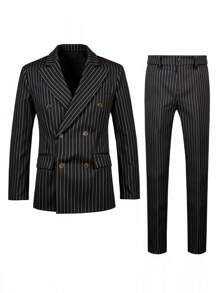2pcs Men's Slim Fit Striped Double-Breasted Suit Set, Includes Jacket And Pants, Suitable For Business, Commute, Wedding, Party, Formal Occasions, Valentine's Day Gift - Black - View 4