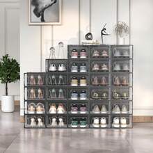 12Pcs Shoe Storage Box, Clear Plastic Stackable Shoe Organizer For Closet, Space Saving Foldable Shoe Rack Sneaker Container Foldable Shoe Storage Cabinet With Lid, Plastic Storage Container, Christmas - Đen-12 Cái - Xem 7