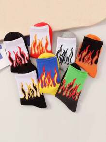 5 Pairs Unisex Colorblock Flame Pattern Mid-Calf Socks, Creative & Fashionable Sports Socks, Versatile For Daily Wear, All Seasons, Fall Socks