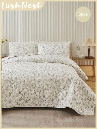 3pcs Floral Print Cotton Bedding Set (1 Quilt Cover + 2 Pillowcases, No Filler), Lightweight Soft Skin-Friendly For Bedroom, Suitable For All Seasons